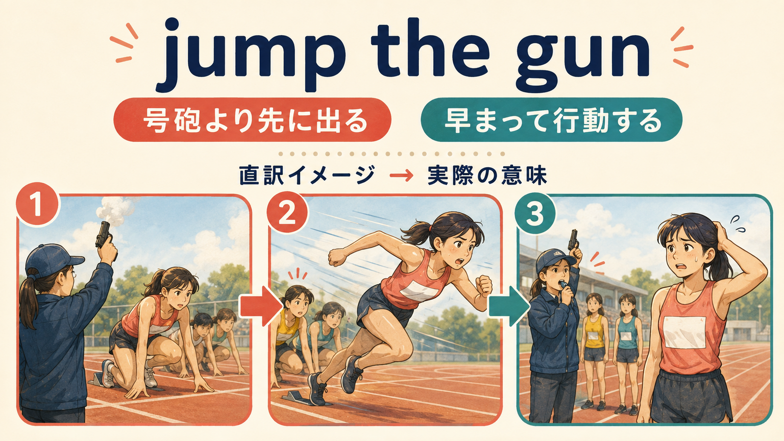 jump the gunの直訳イメージと実際の意味