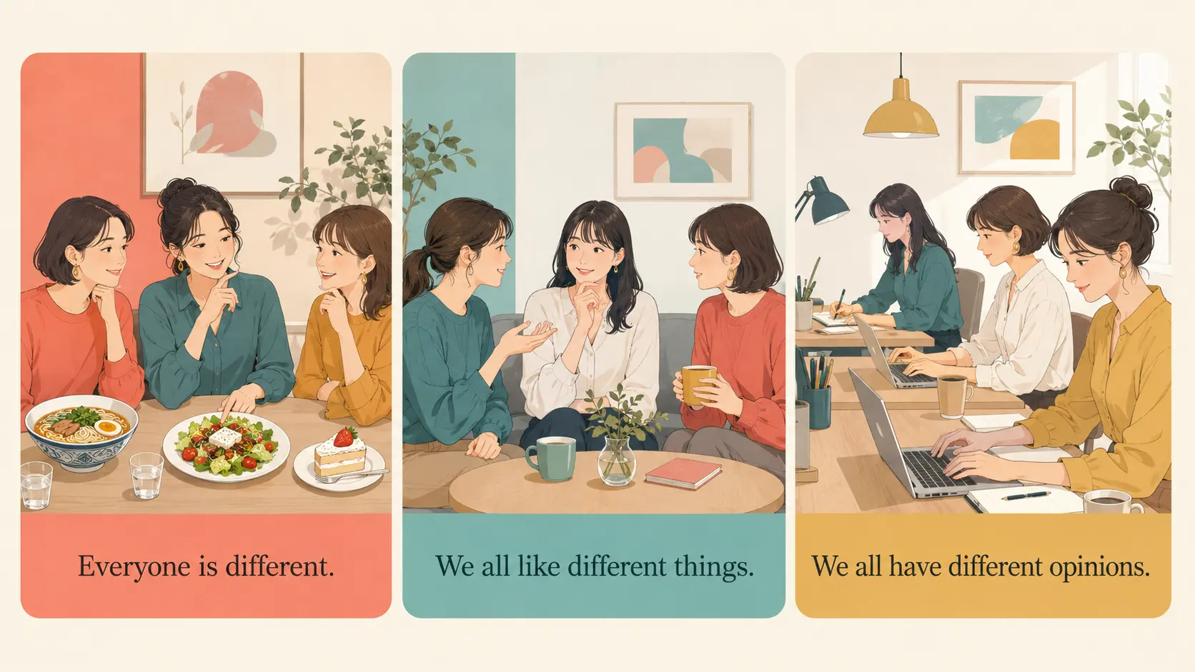 Everyone is different、We all like different things、We all have different opinionsの使い分け