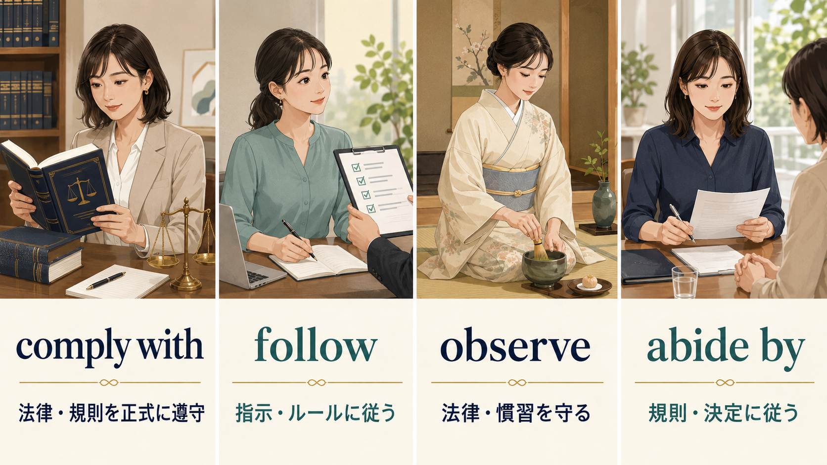 comply with、follow、observe、abide byの使い分け比較