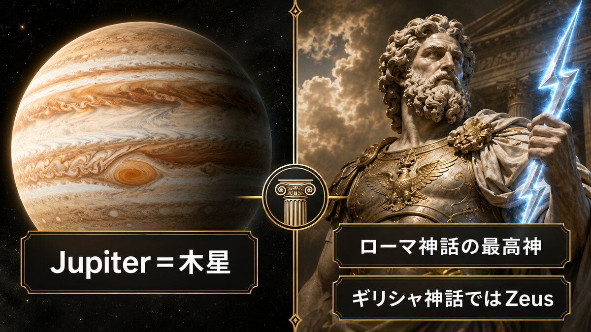 Jupiterは木星とローマ神話の最高神を表しギリシャ神話のZeusに対応すると示した図