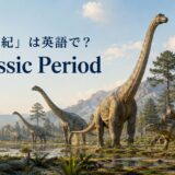 「ジュラ紀」は英語で？Jurassic Periodと書かれた恐竜たちのイラスト