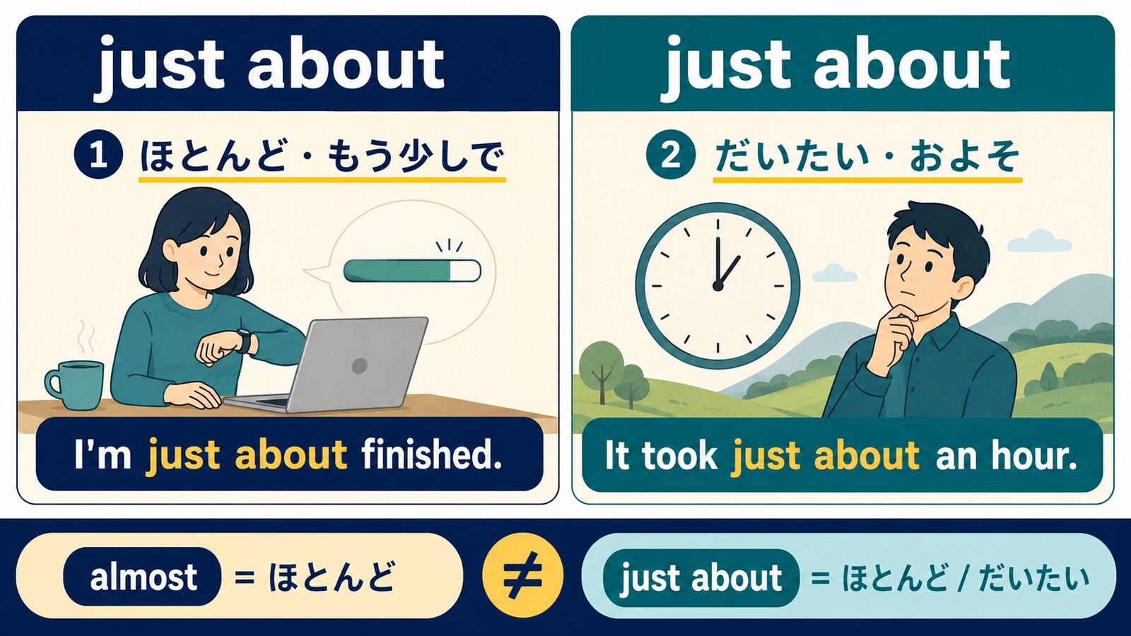 just aboutのほとんど・もう少しでと、だいたい・およそという2つの意味