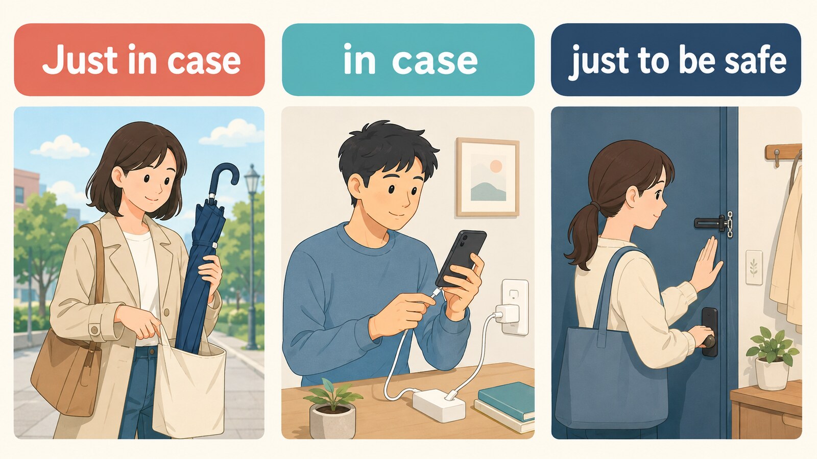 Just in case・in case・just to be safeの違いを示すイラスト