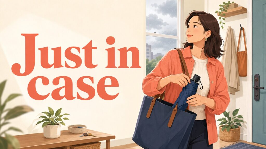 Just in caseの意味を傘で表した英会話イラスト