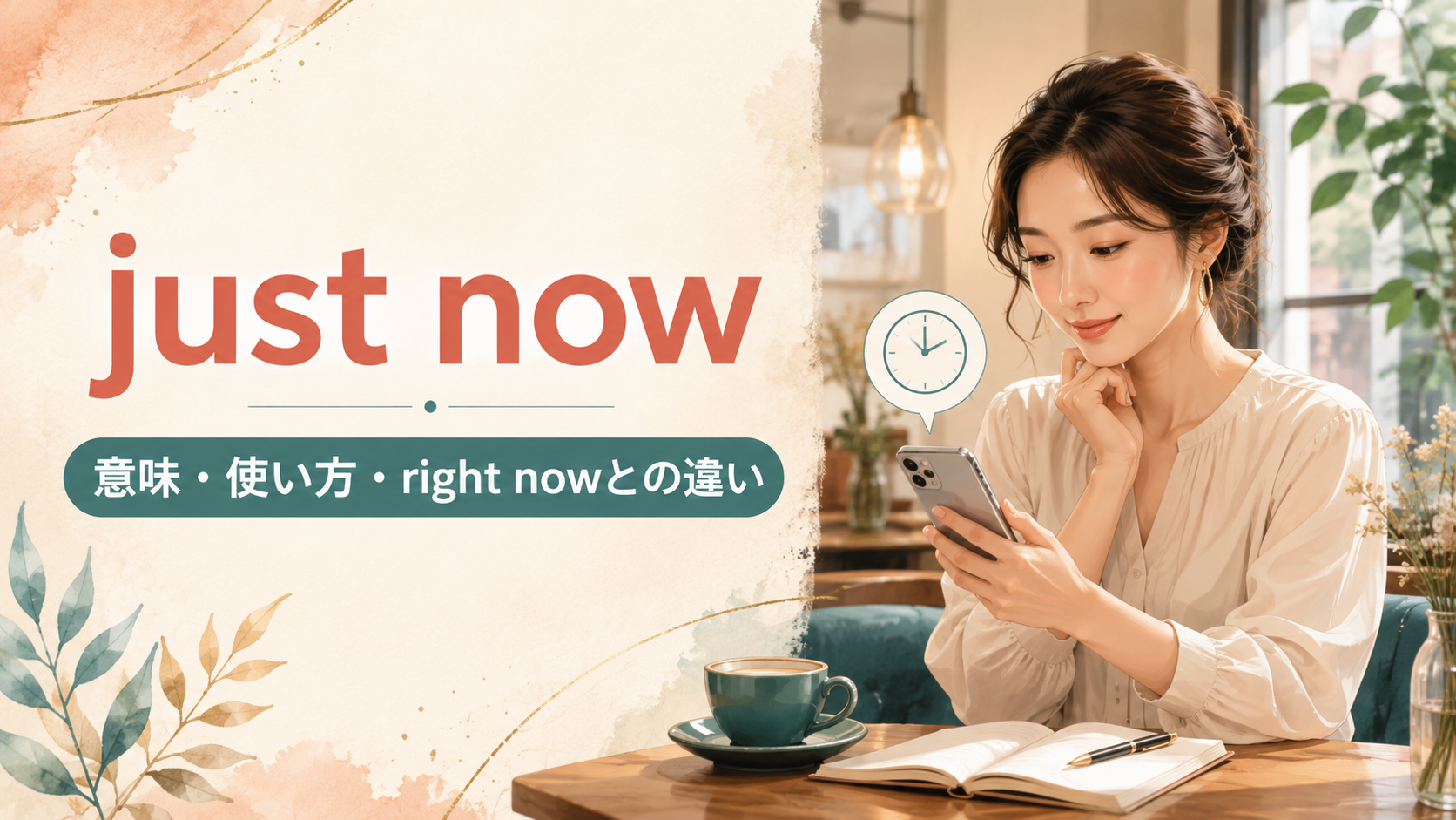 just nowの意味・使い方・right nowとの違いを紹介するアイキャッチ画像