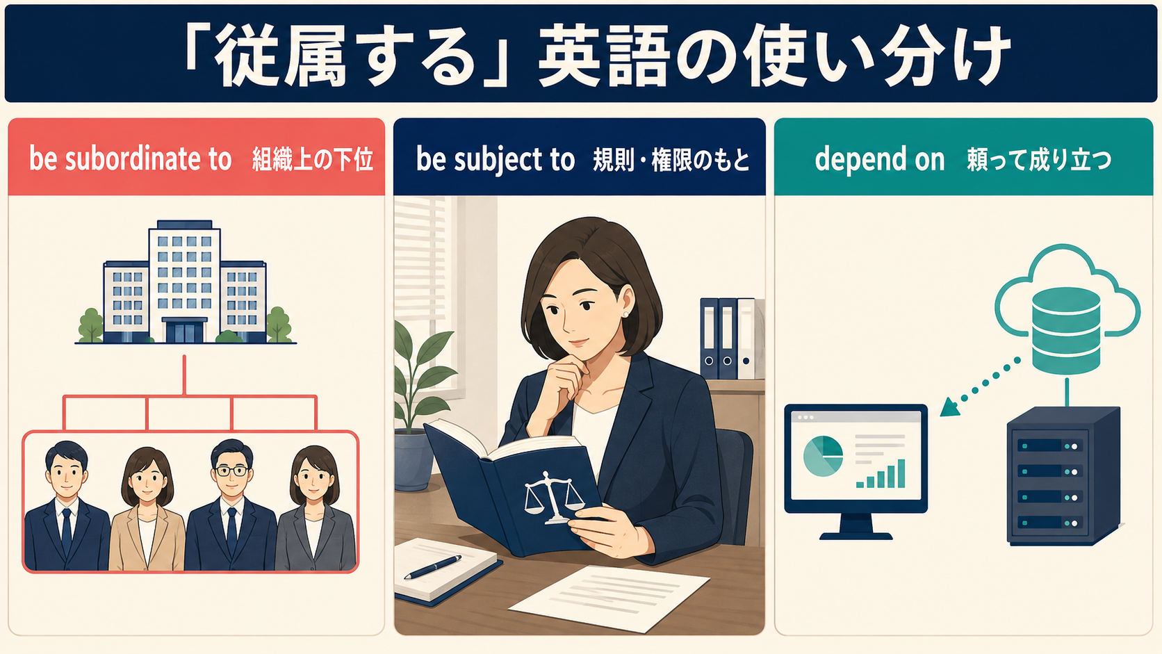 be subordinate to・be subject to・depend onの違い