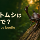 木の幹にとまるカブトムシと「カブトムシは英語で？ rhinoceros beetle」の文字