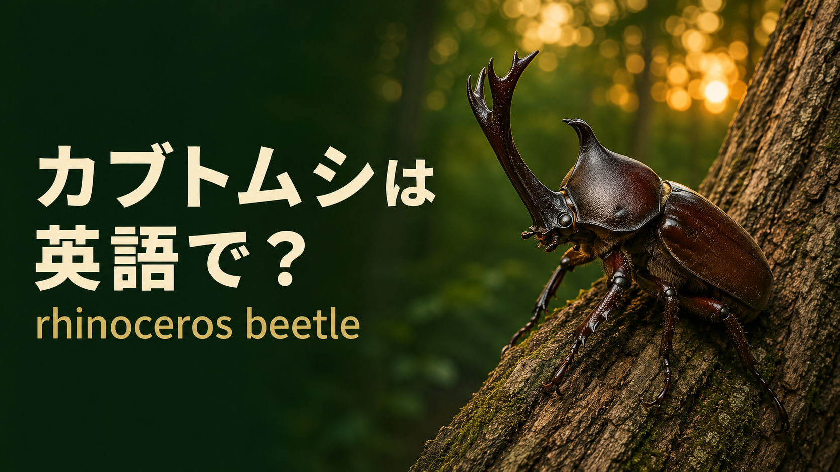 木の幹にとまるカブトムシと「カブトムシは英語で？ rhinoceros beetle」の文字