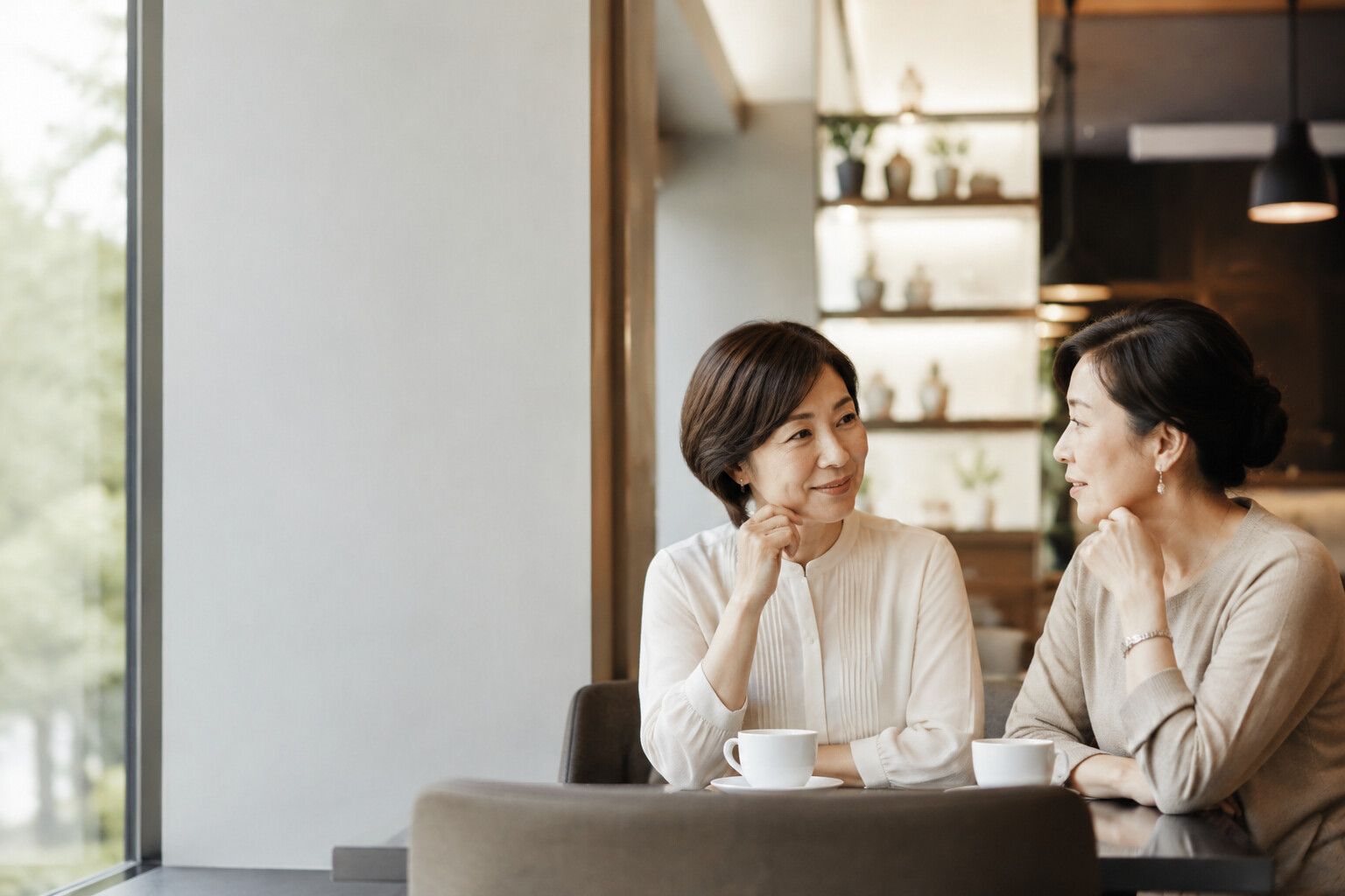 カフェで人生の価値観について語り合う日本人女性二人