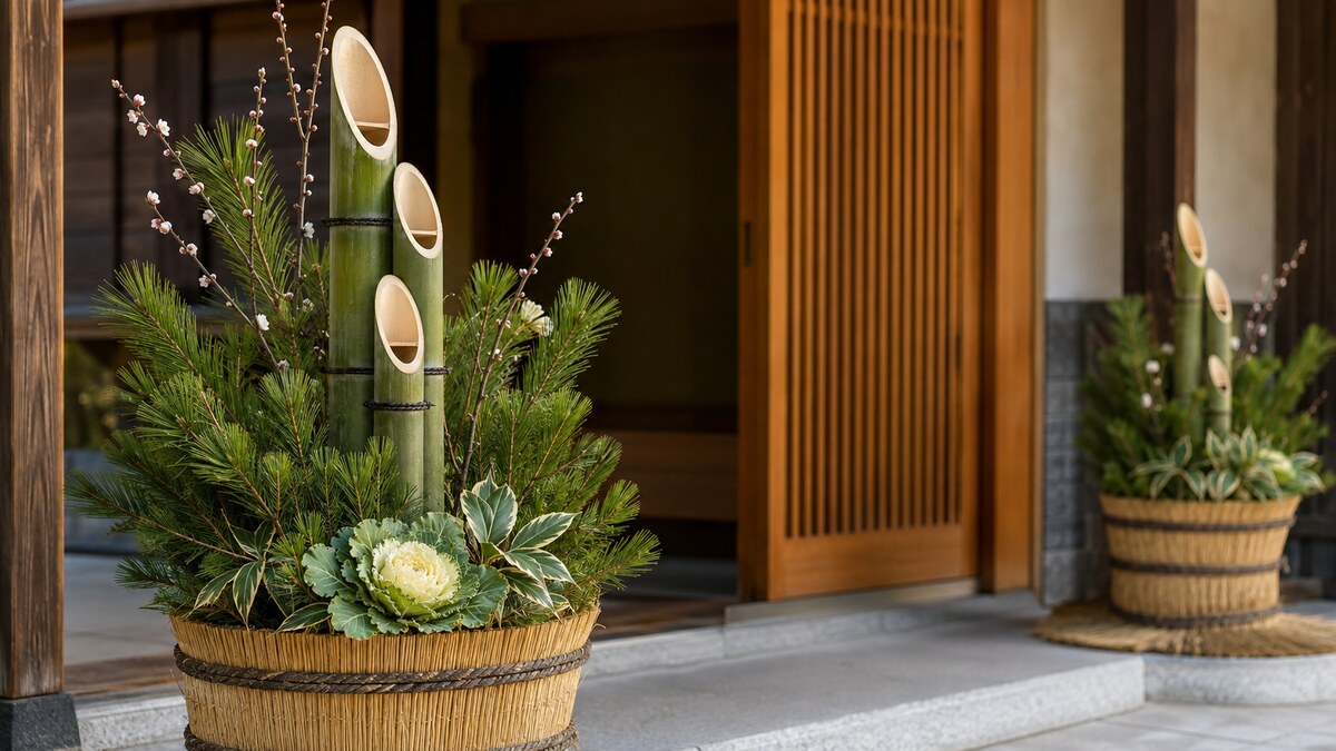 玄関に一対で飾る門松と松・竹・梅の植物
