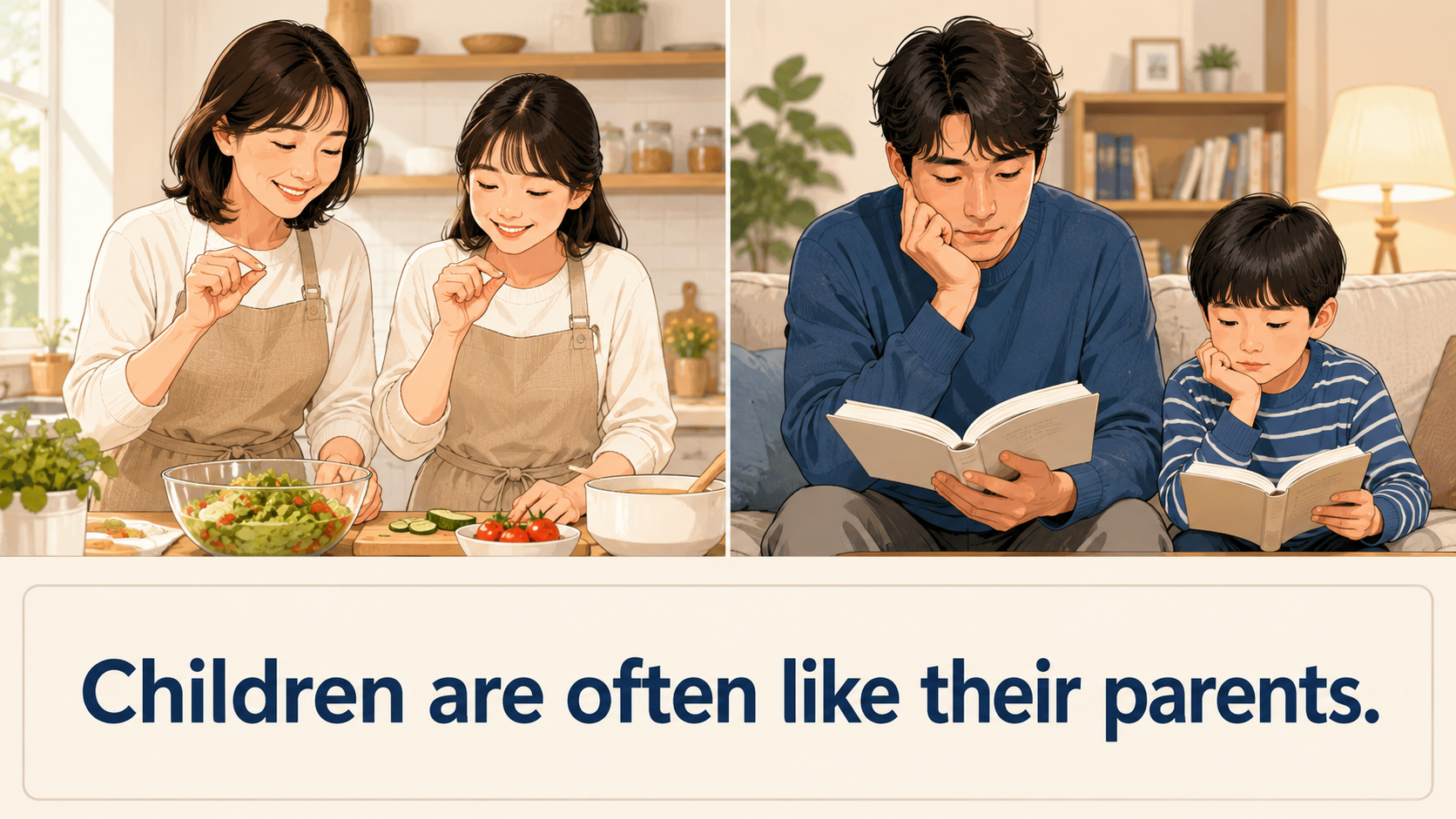 親子が似た仕草をする様子を簡単な英語で表したイラスト