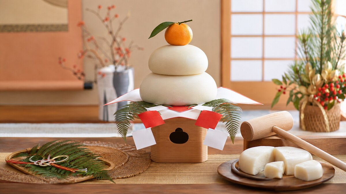 二段の鏡餅と橙、鏡開きで分けた餅