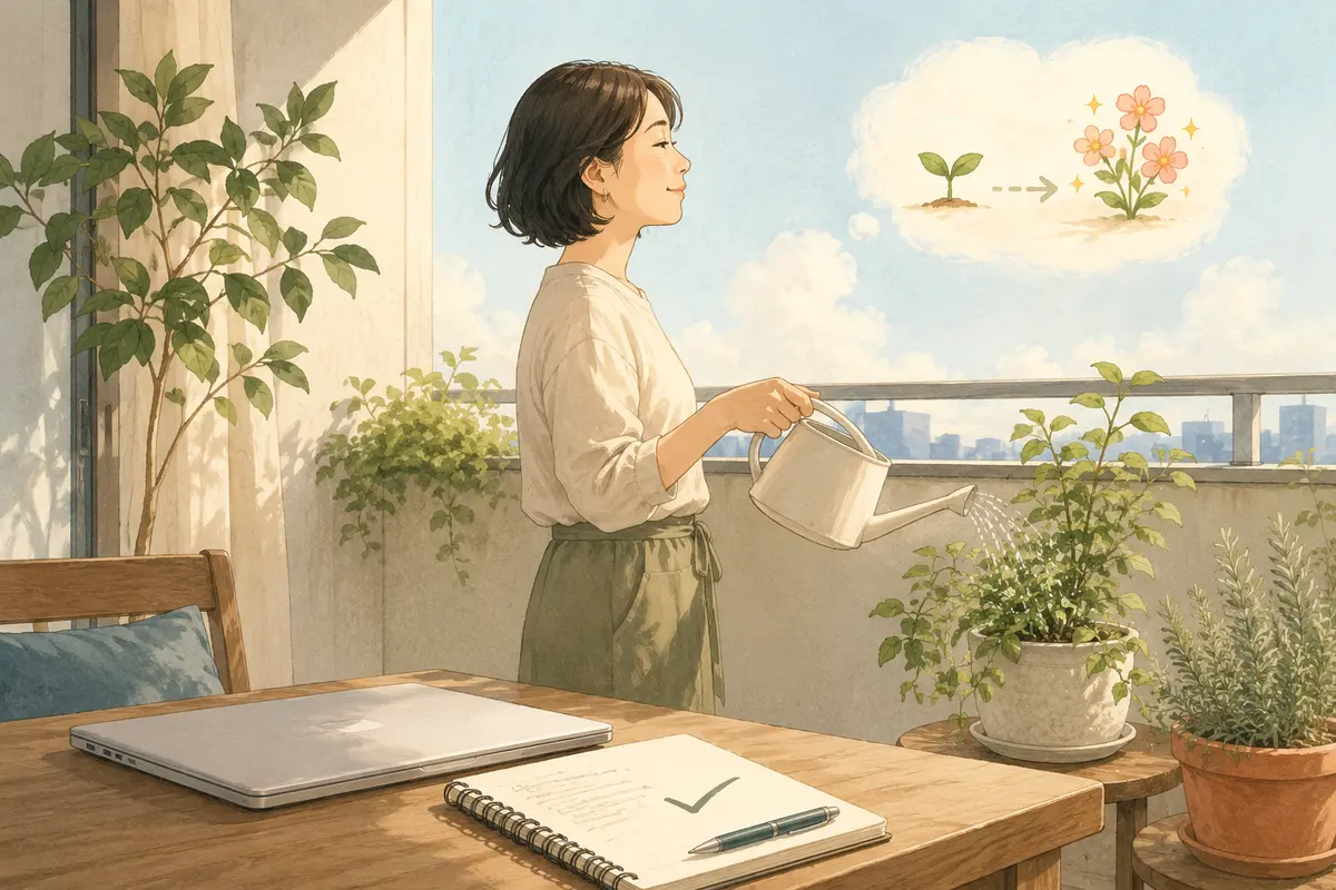 やるべきことを終え、植物の成長を見守る女性