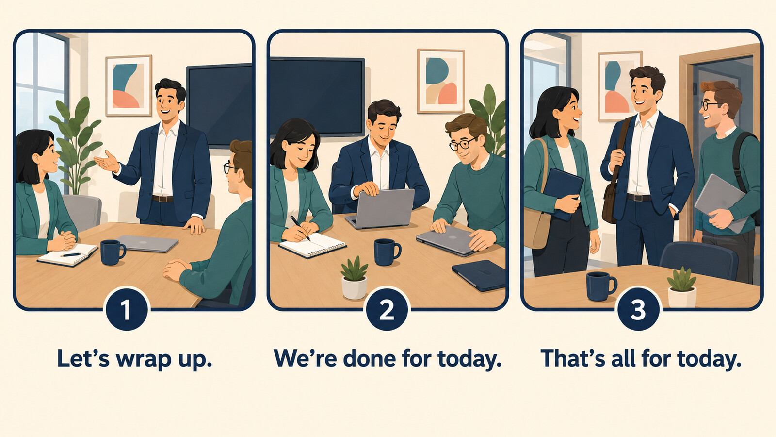 Let’s wrap upをWe’re done for todayとThat’s all for todayに言い換える図解