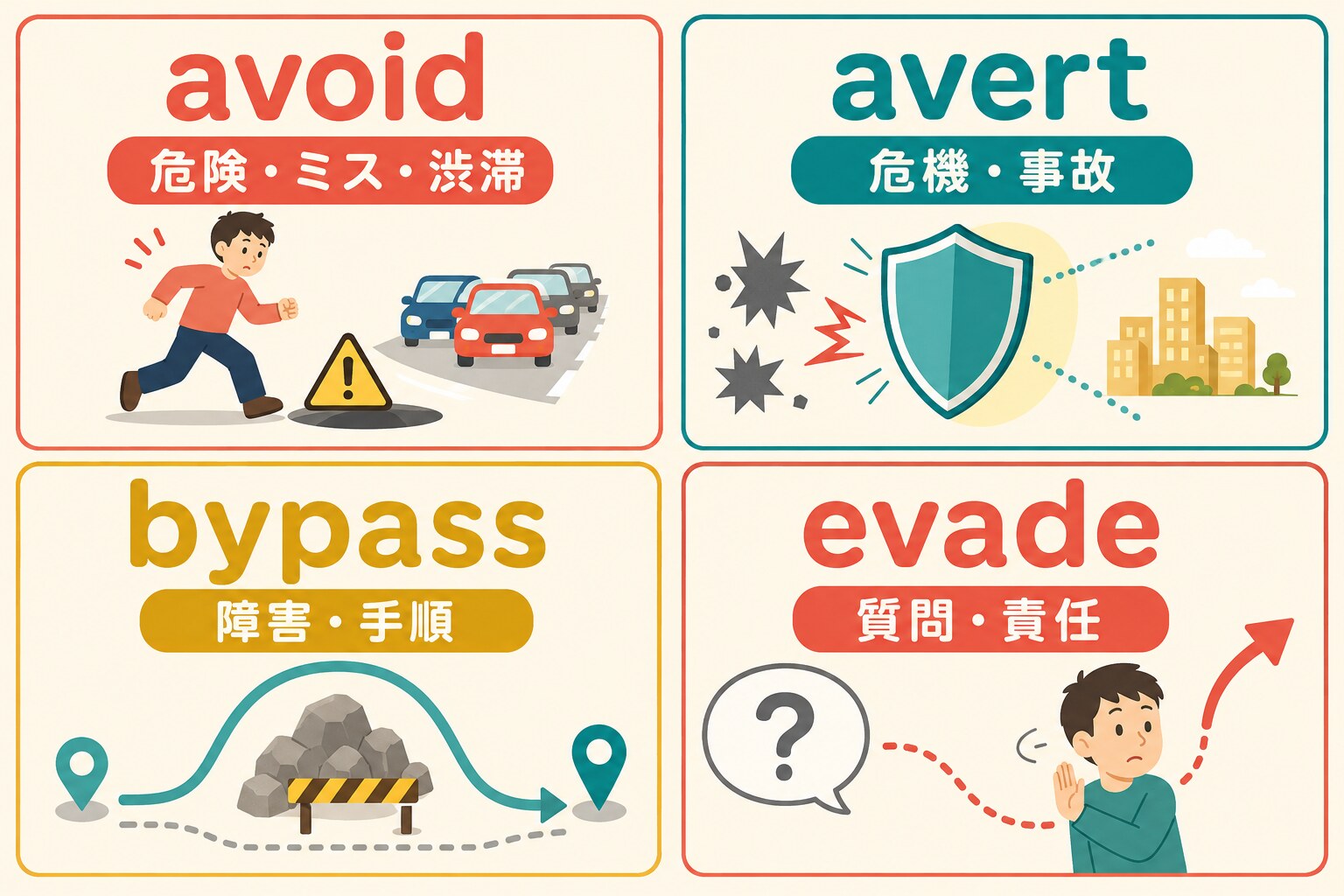 avoid・avert・bypass・evadeの使い分け比較