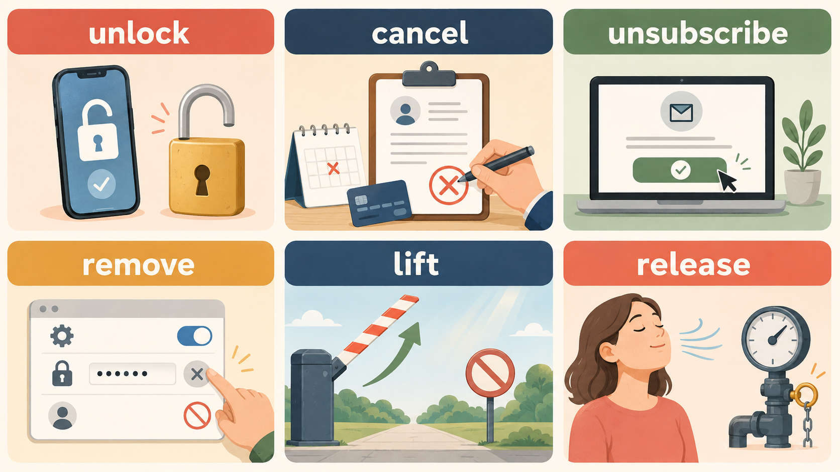 unlock・cancel・unsubscribe・remove・lift・releaseの違いを示す比較イラスト