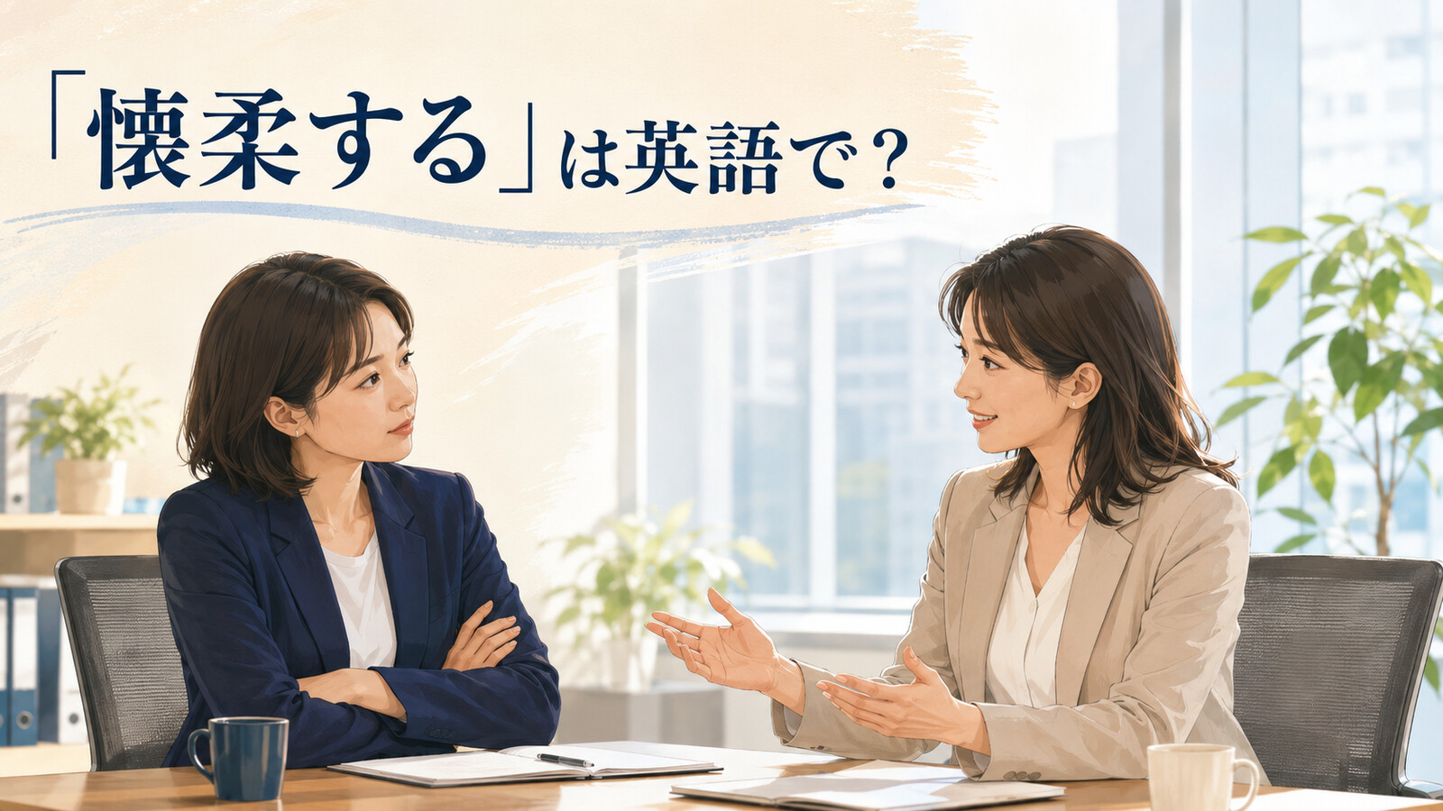 話し合いで相手の反発を和らげる二人。「懐柔する」は英語で？