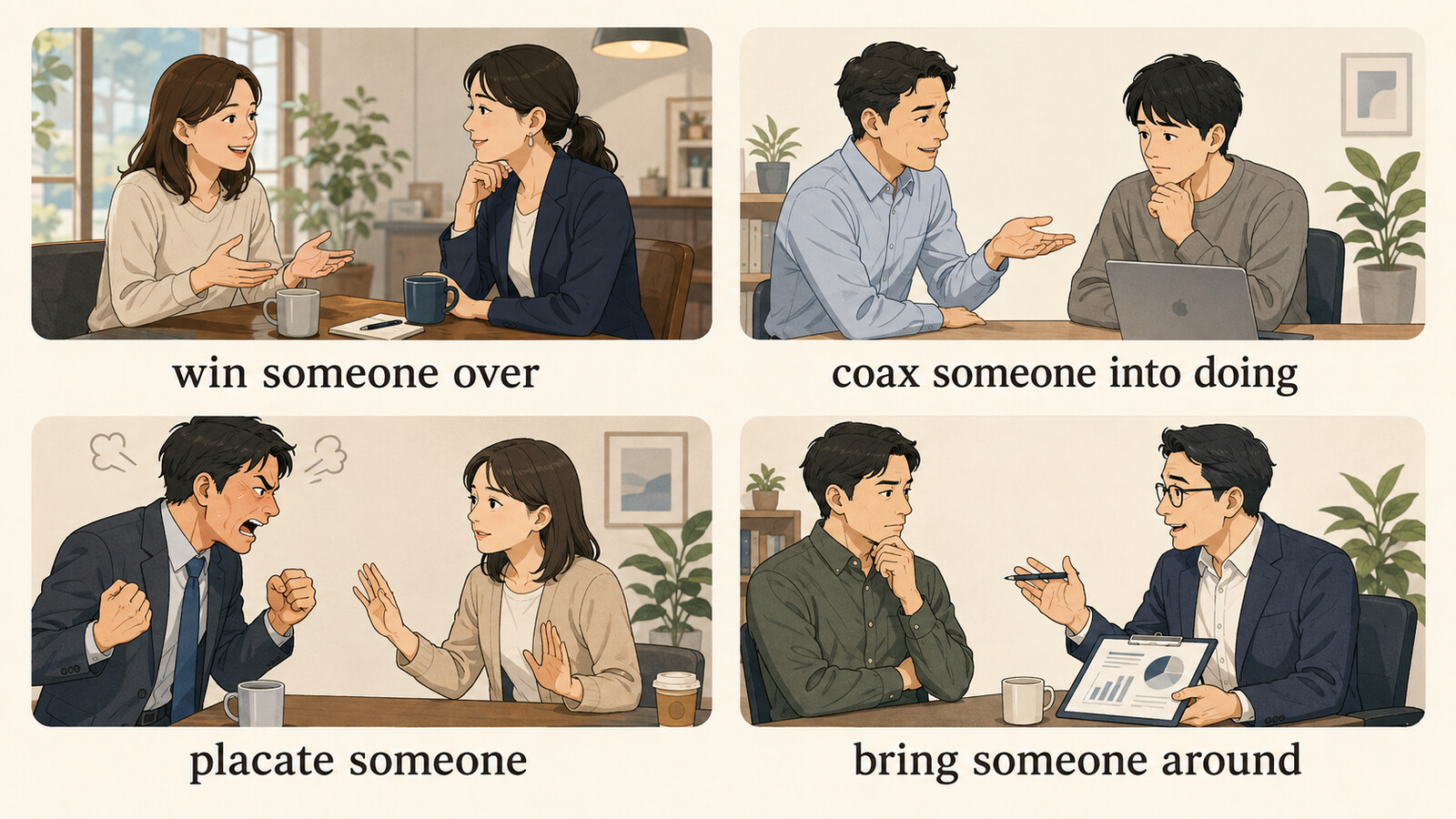 win someone over、coax someone into doing、placate someone、bring someone aroundの違い