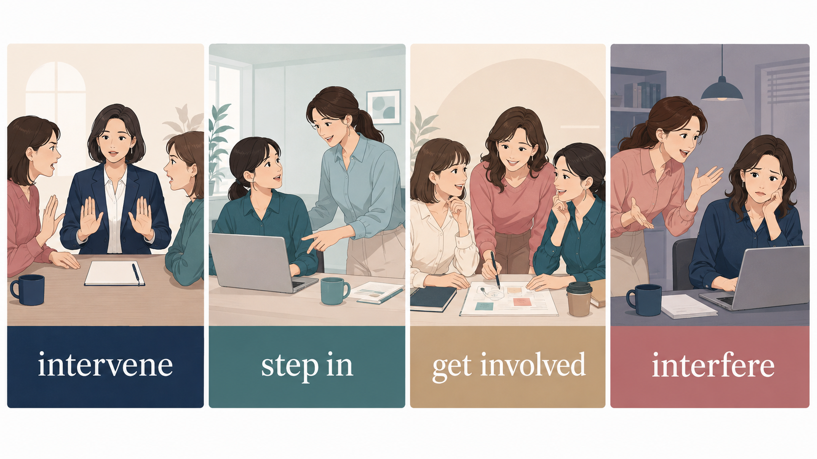 intervene・step in・get involved・interfereの違い