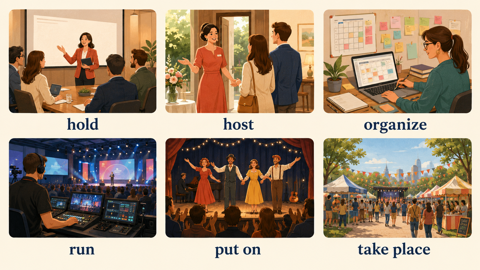 hold・host・organize・run・put on・take placeの違いを示す比較イラスト
