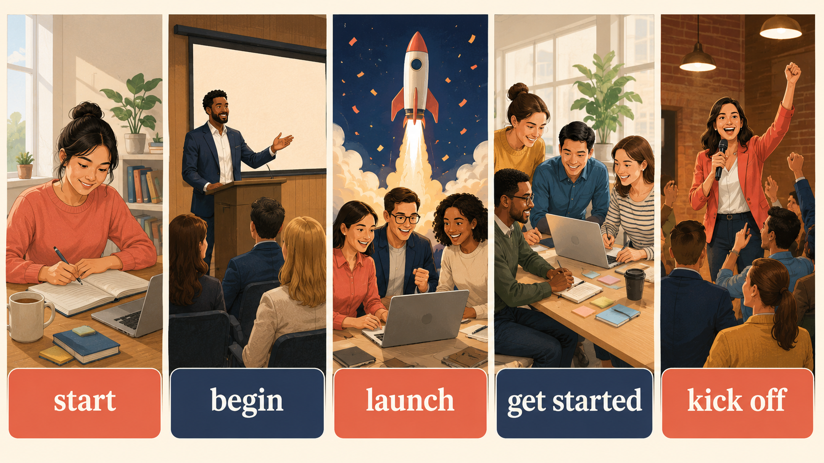 start・begin・launch・get started・kick offの違いを示す比較イラスト