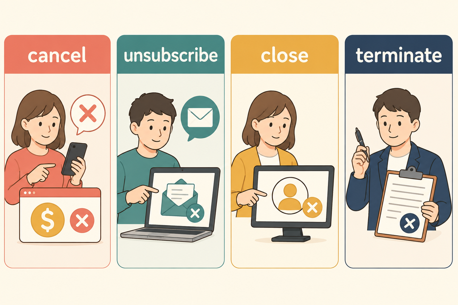 cancel・unsubscribe・close・terminateの違いを示す4場面の比較図