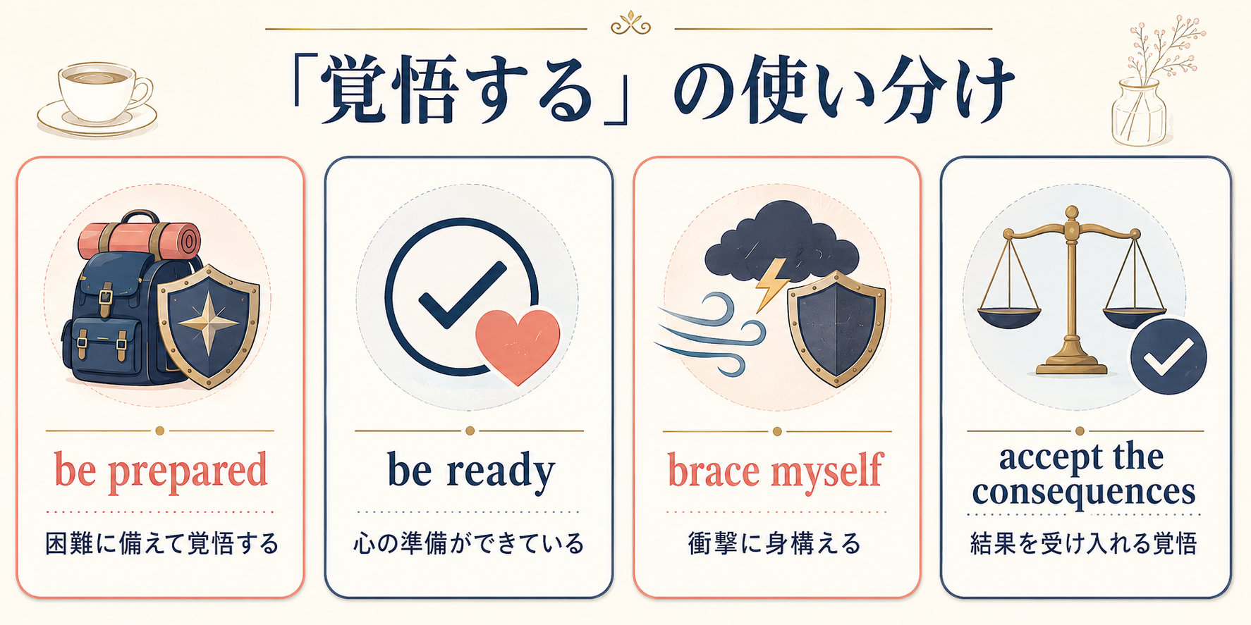 be prepared、be ready、brace myself、accept the consequencesの使い分け図解
