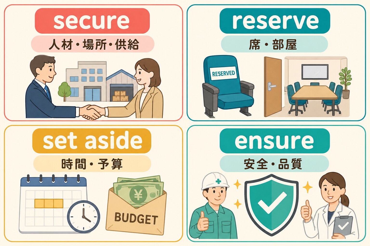 secure・reserve・set aside・ensureの使い分け比較