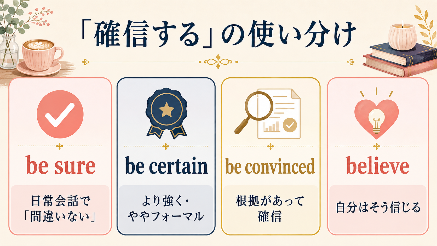 be sure、be certain、be convinced、believeの使い分け図解