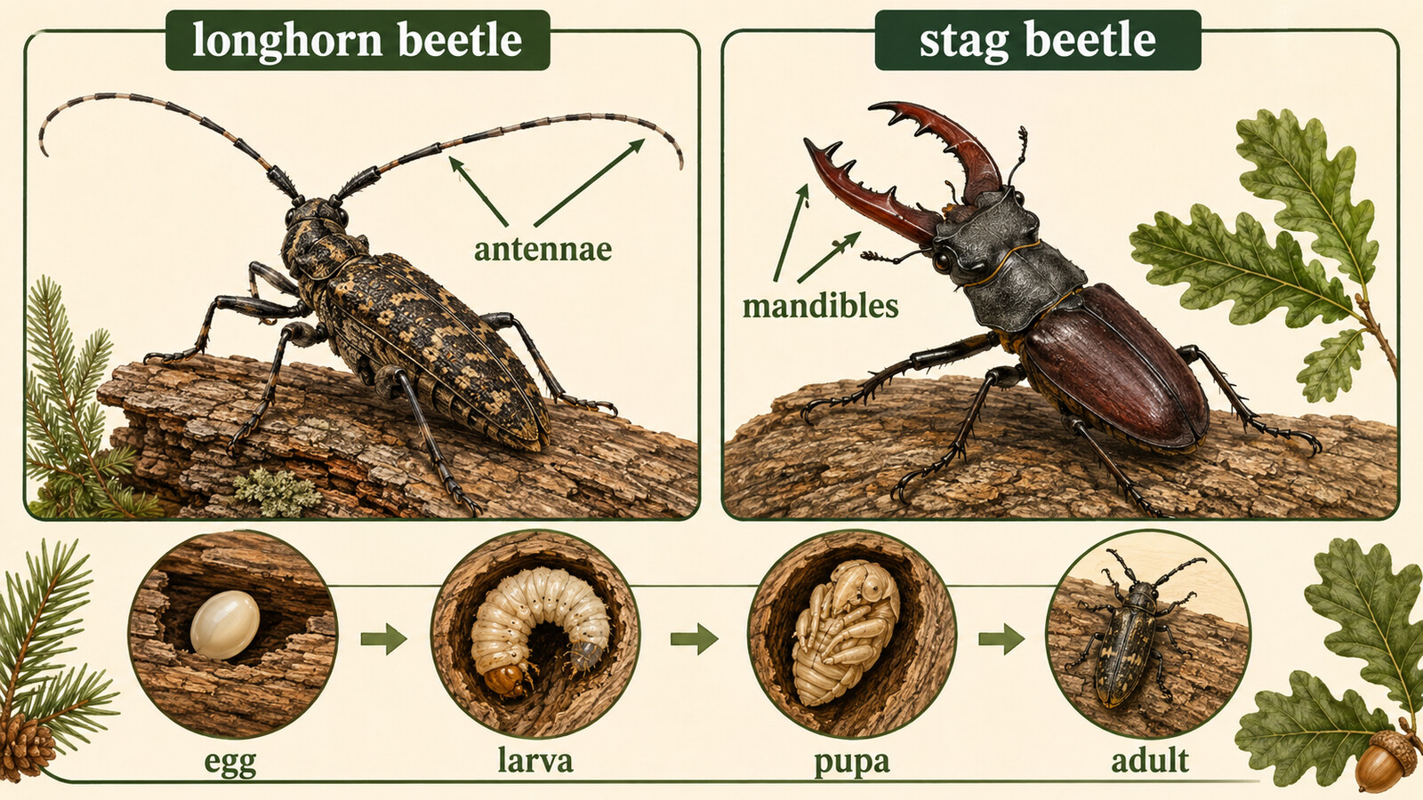 カミキリムシの長い触角とクワガタの大あご、卵から成虫までの成長段階を示す英語図解