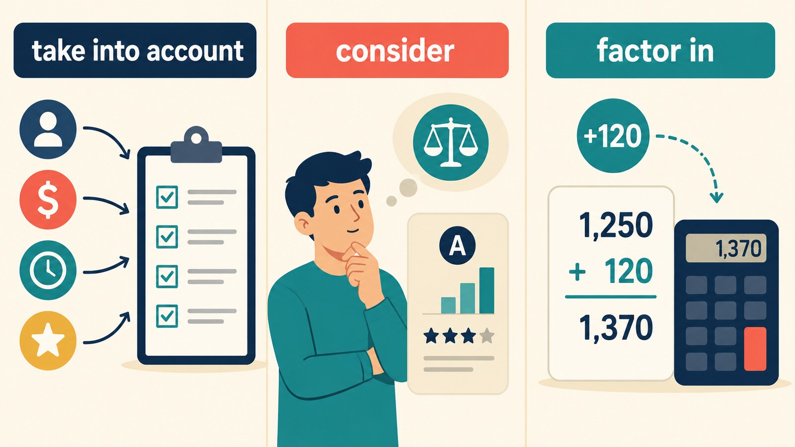 勘案するを表すtake into account、consider、factor inの違い