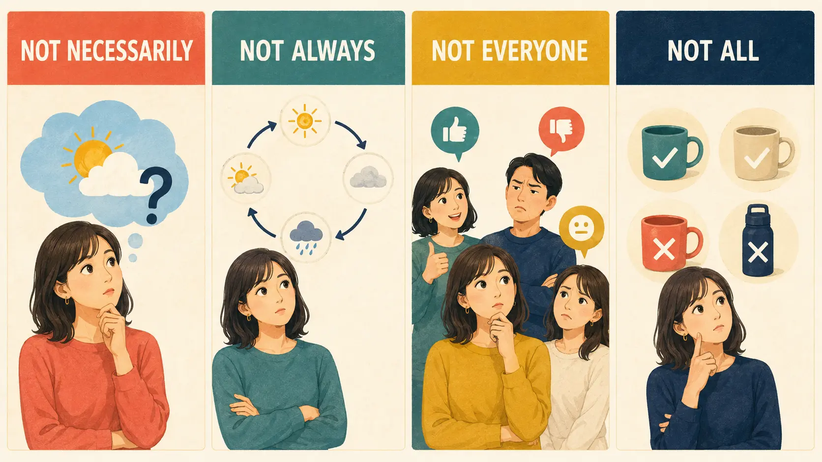 not necessarily・not always・not everyone・not allの使い分け比較イラスト