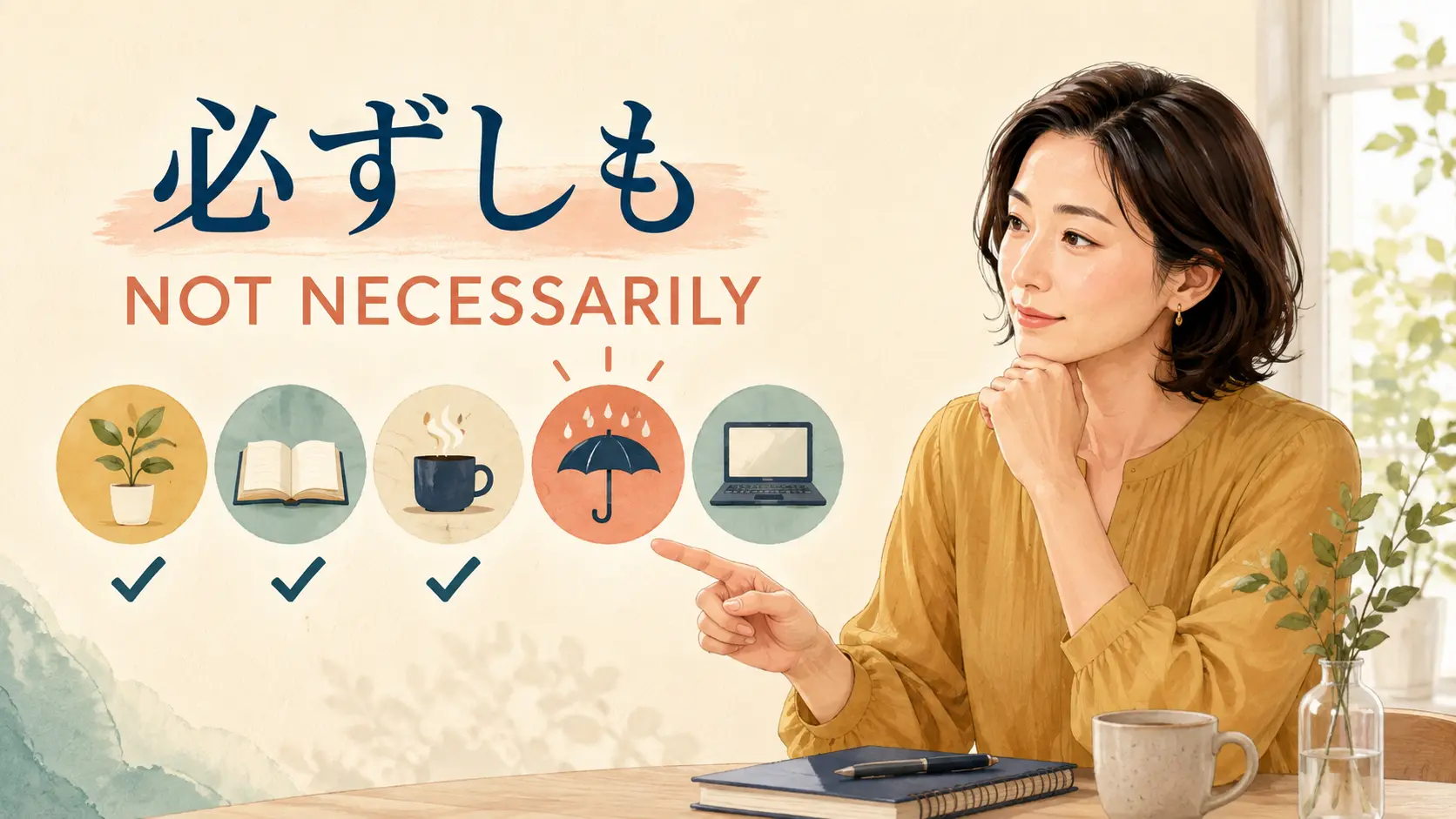 「必ずしも」を英語のnot necessarilyで表すイラスト
