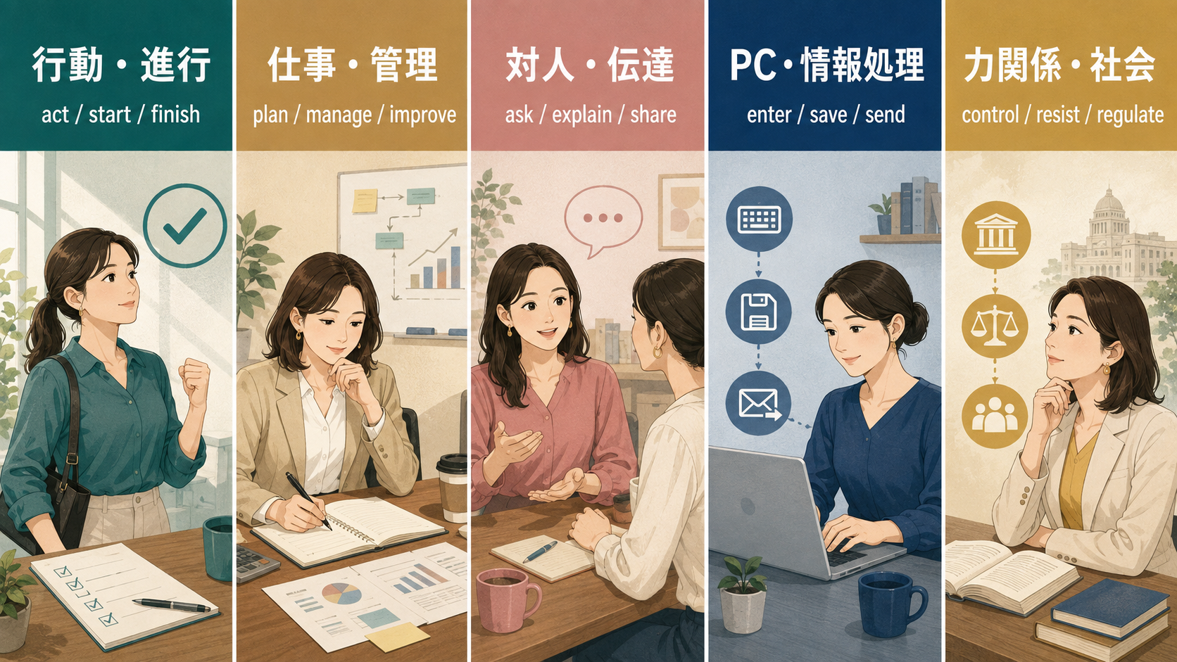 行動・進行、仕事・管理、対人・伝達、PC・情報処理、力関係・社会の5分類