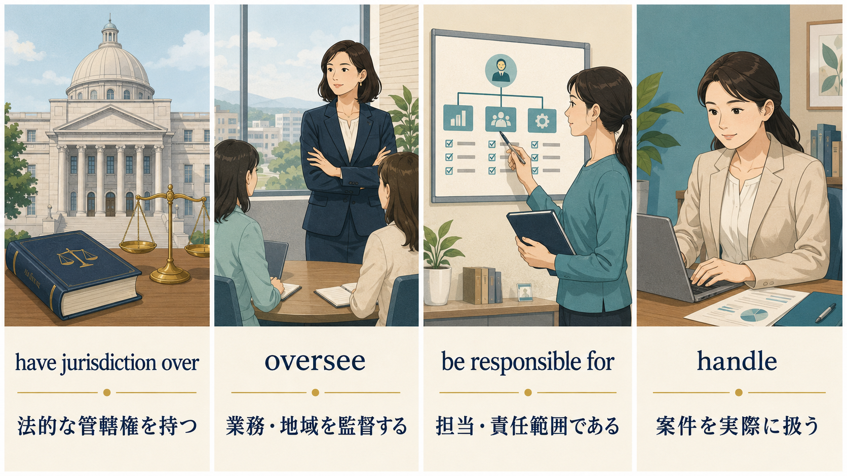 have jurisdiction over、oversee、be responsible for、handleの使い分け比較