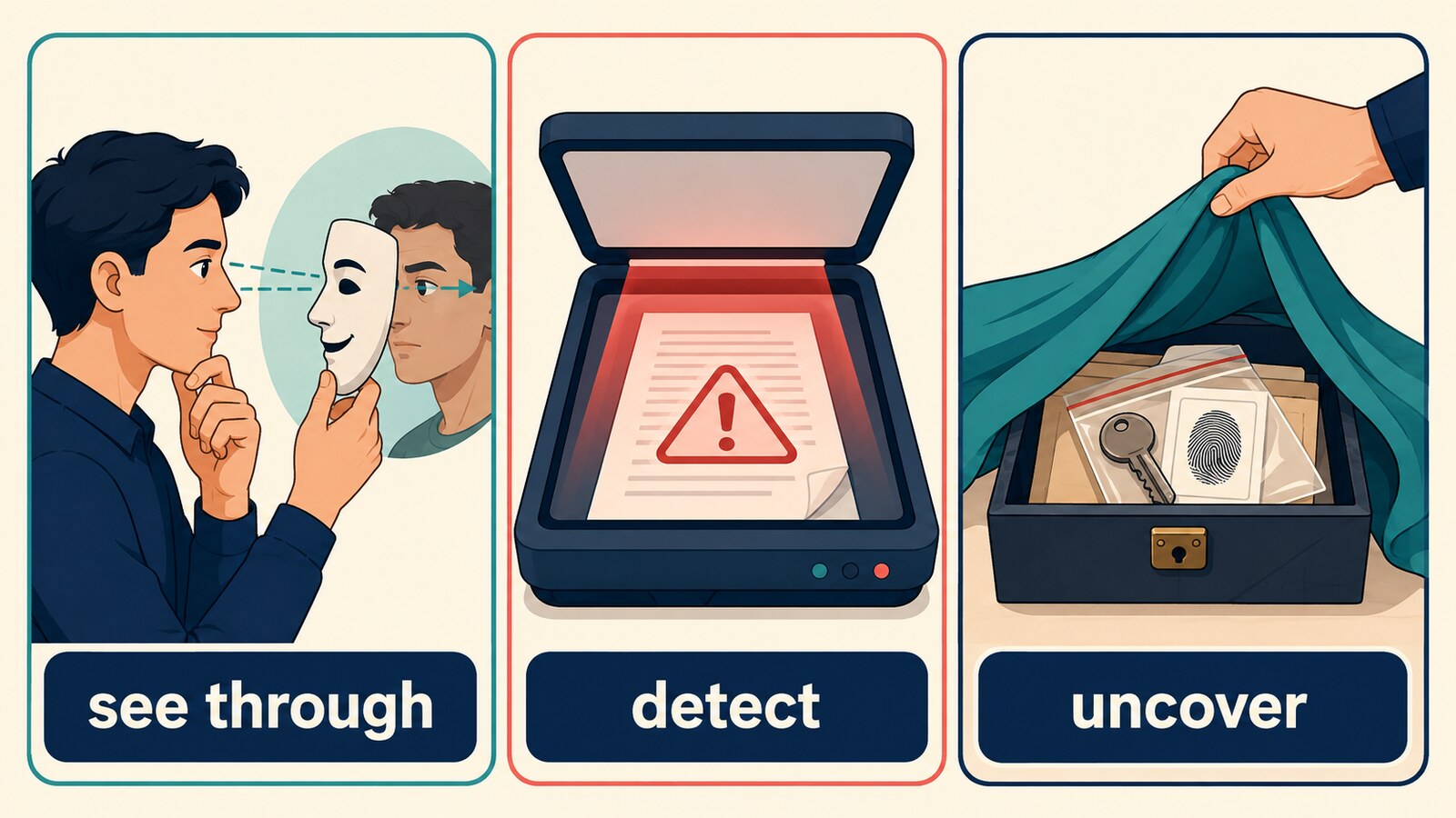 看破するを表すsee through、detect、uncoverの違い