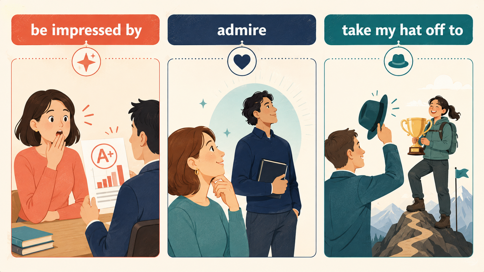be impressed by・admire・take my hat off toで感服する気持ちを表す違い