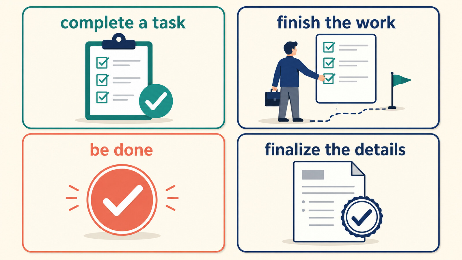 complete a task・finish the work・be done・finalize the detailsの使い分け