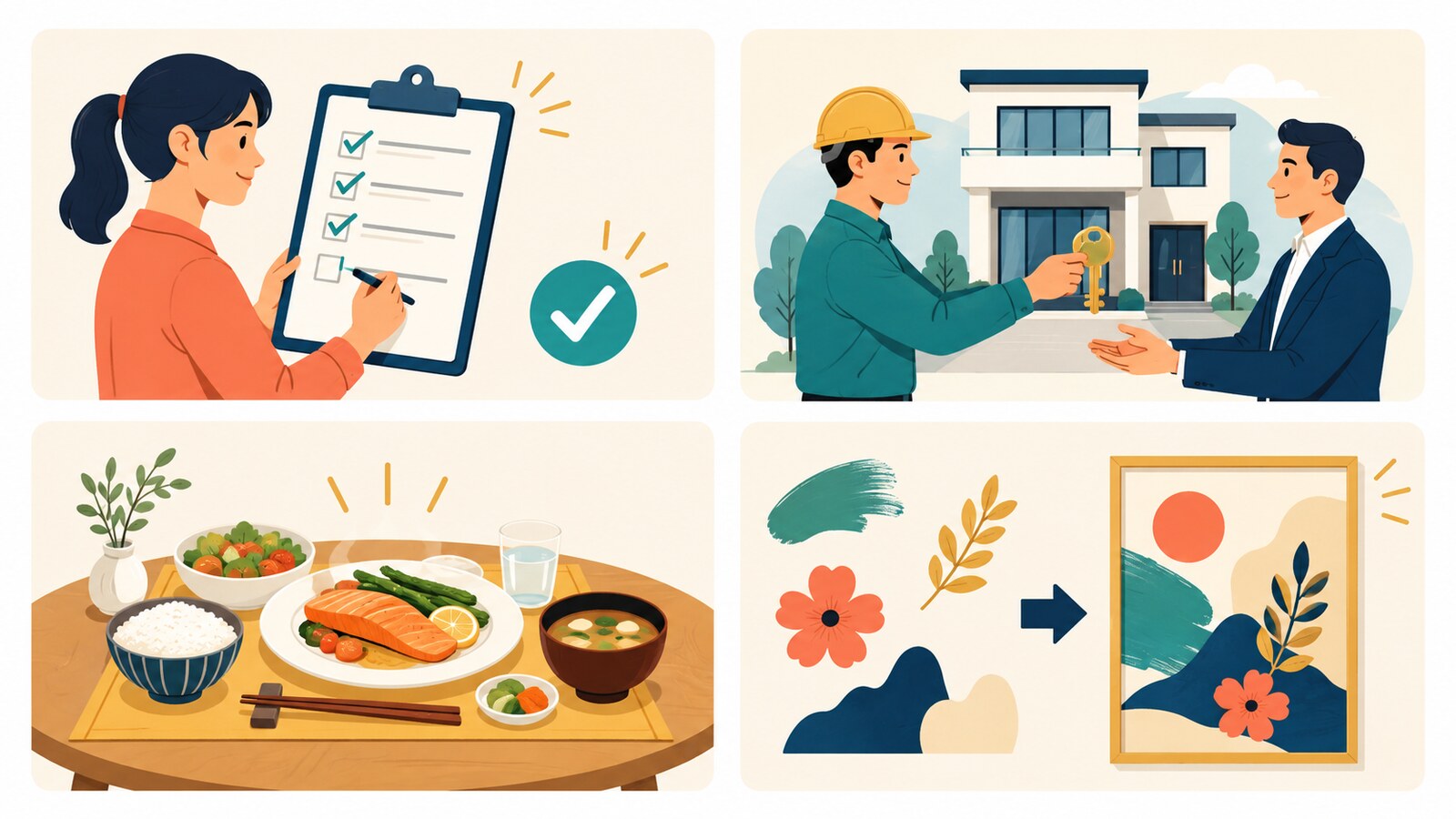 作業・建物・料理・作品が完成する違いを表すイラスト