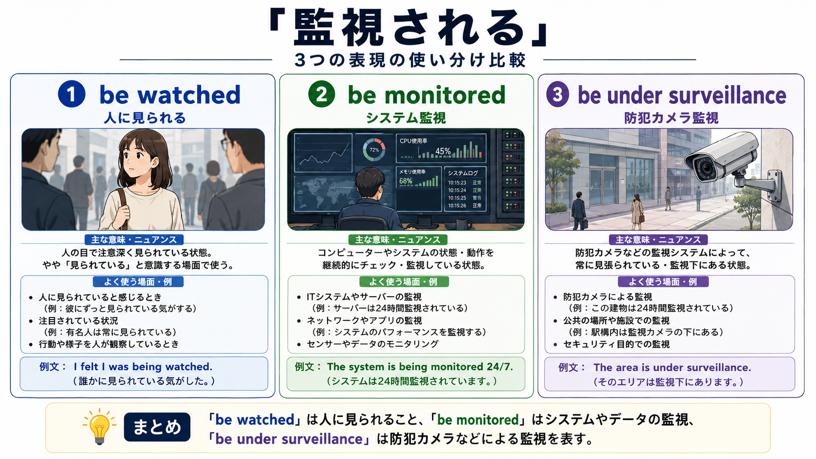 監視されるを表すbe watched・be monitored・be under surveillanceの使い分け図