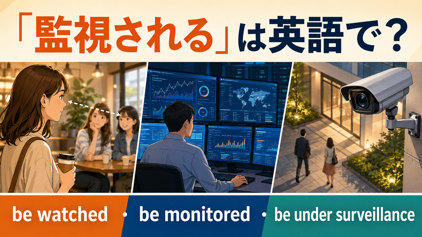 監視されるは英語で?be watched・be monitored・be under surveillanceの違い