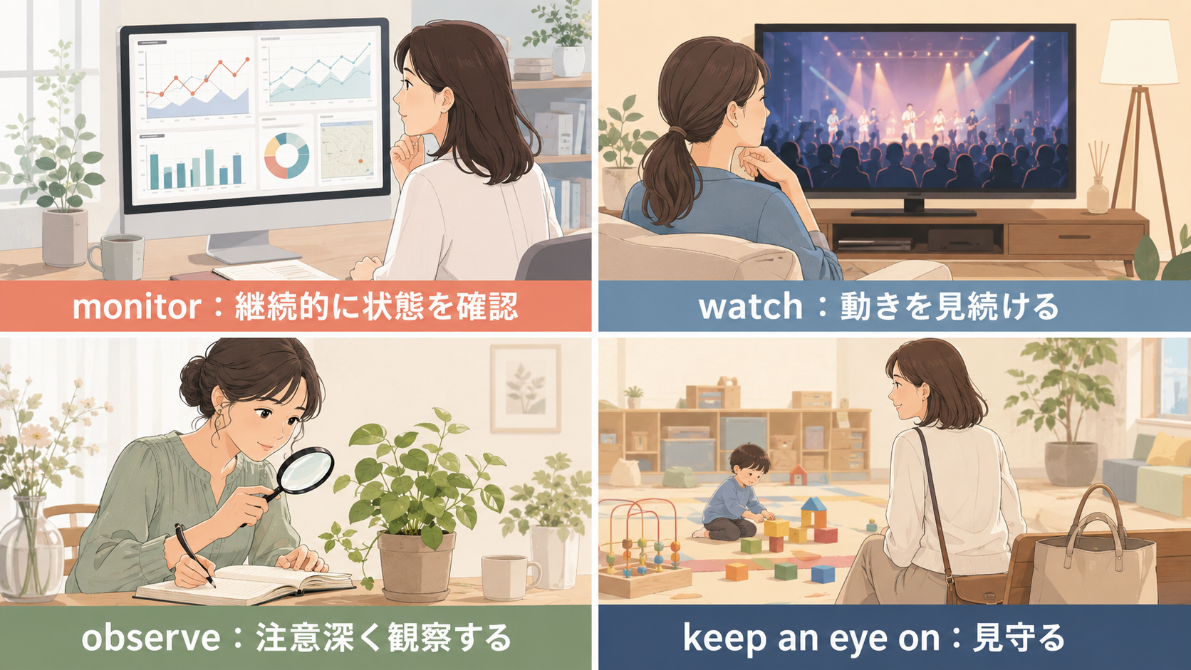 monitor・watch・observe・keep an eye onの意味を4場面で比較