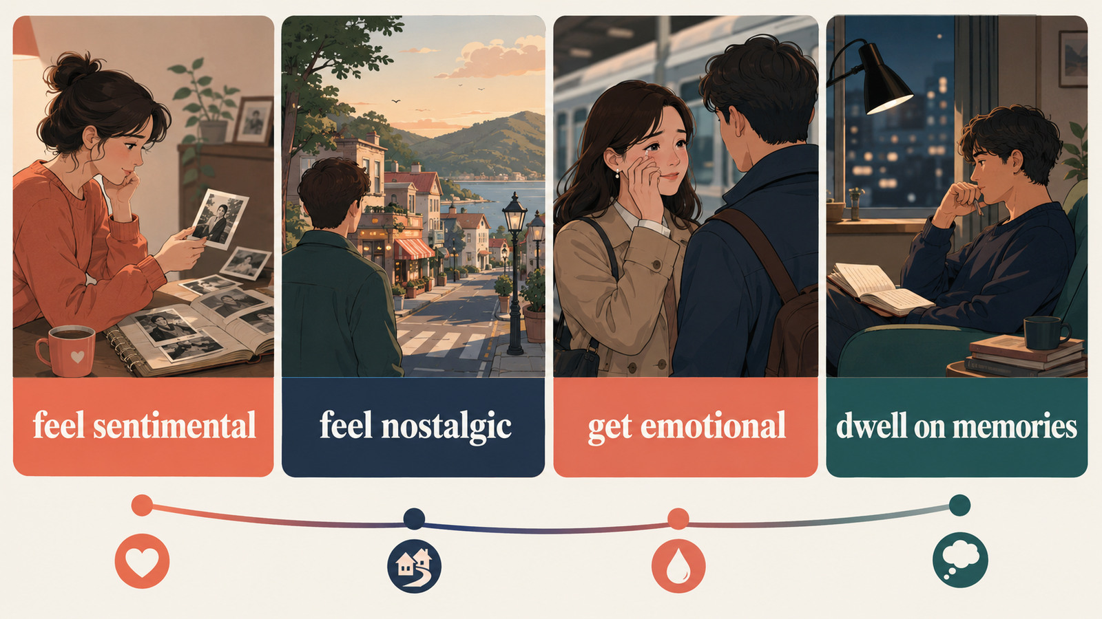 feel sentimental、feel nostalgic、get emotional、dwell on memoriesの違い
