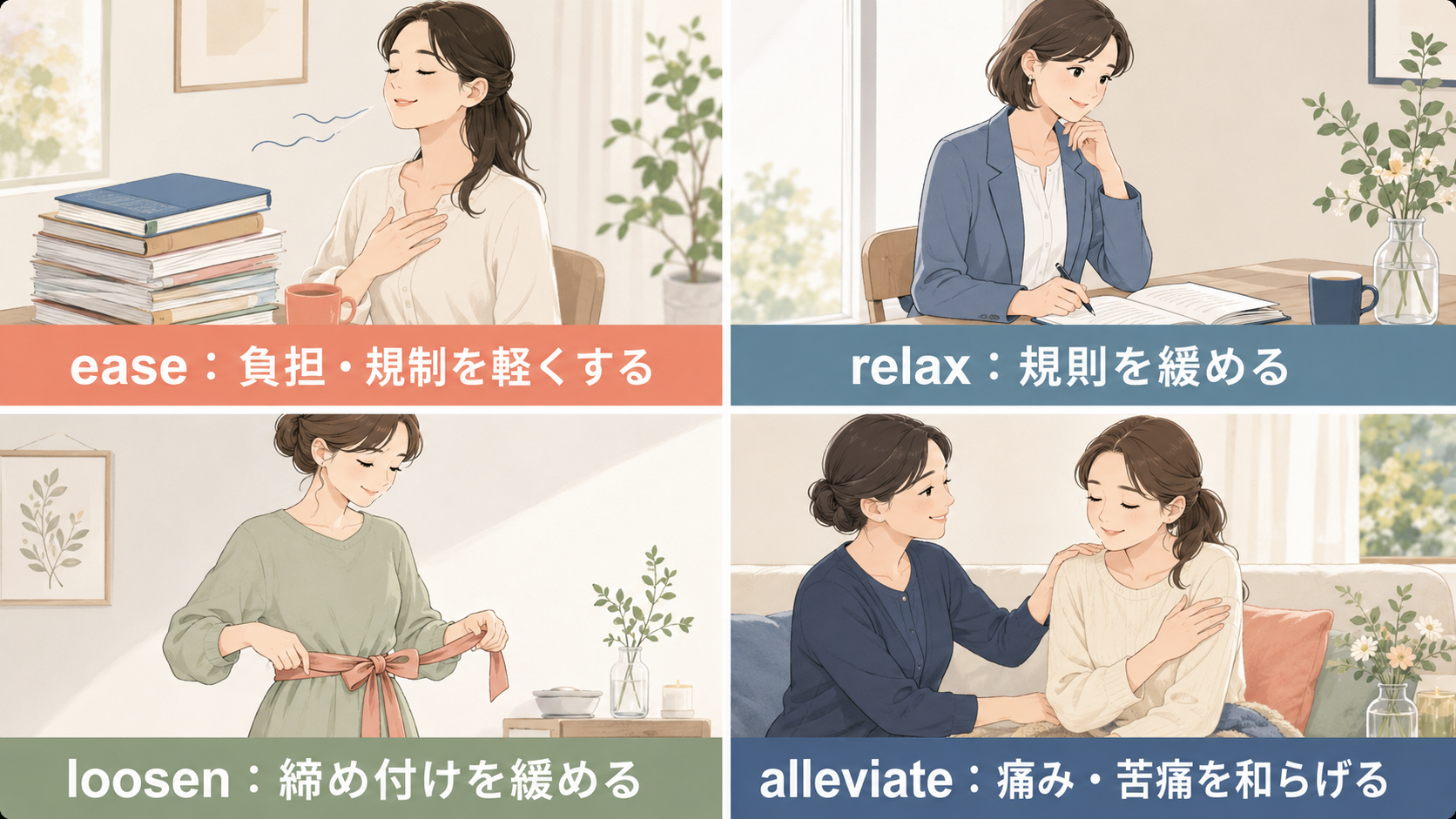ease・relax・loosen・alleviateの意味を4場面で比較