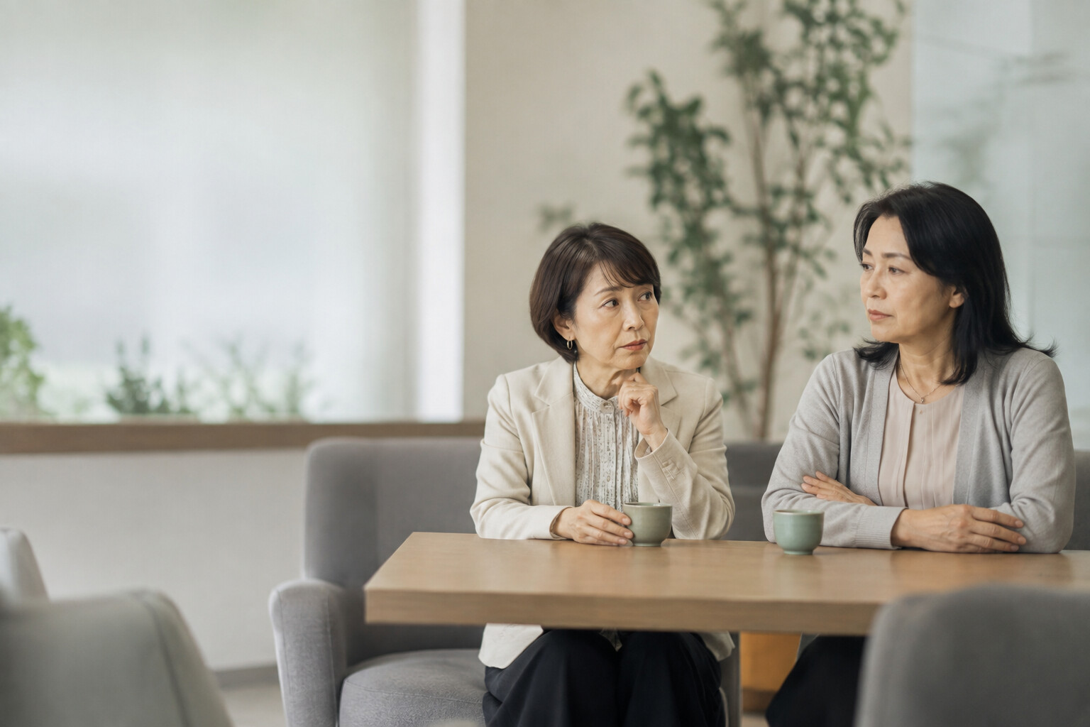 相手の表情を気にしながら慎重に話す日本人女性