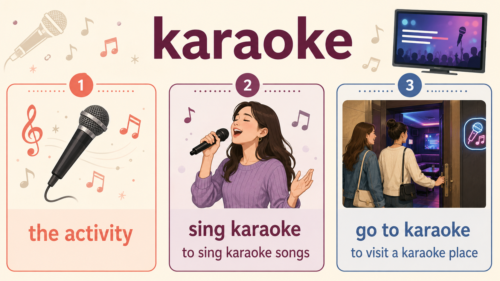 karaoke、sing karaoke、go to karaokeの英語表現比較