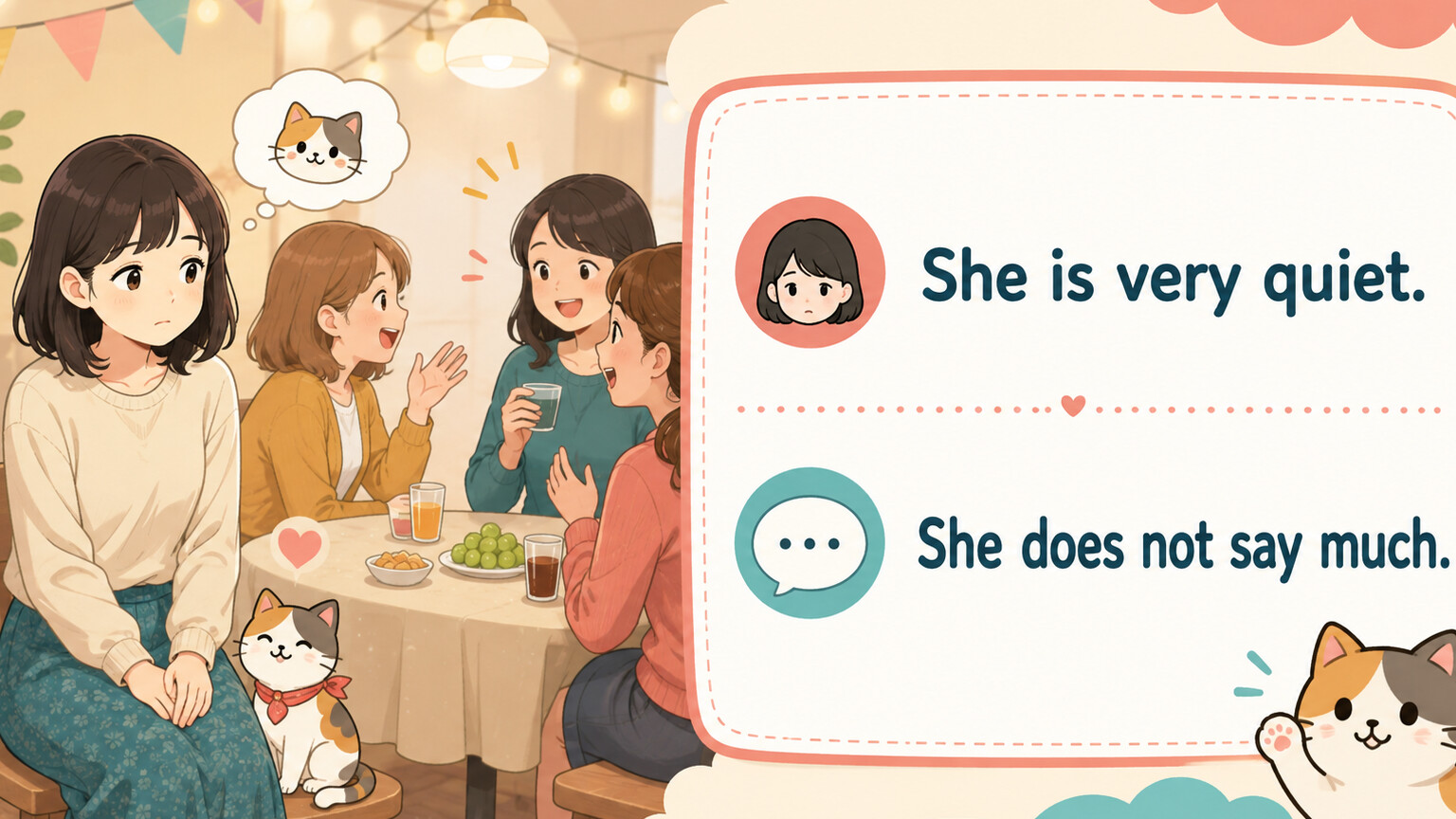 借りてきた猫を She is very quiet. と She does not say much. で表すイラスト
