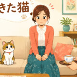 「借りてきた猫」の意味を表す、よそ行きの場で静かに座る女性と猫のイラスト