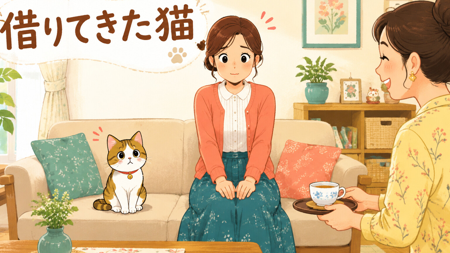 「借りてきた猫」の意味を表す、よそ行きの場で静かに座る女性と猫のイラスト