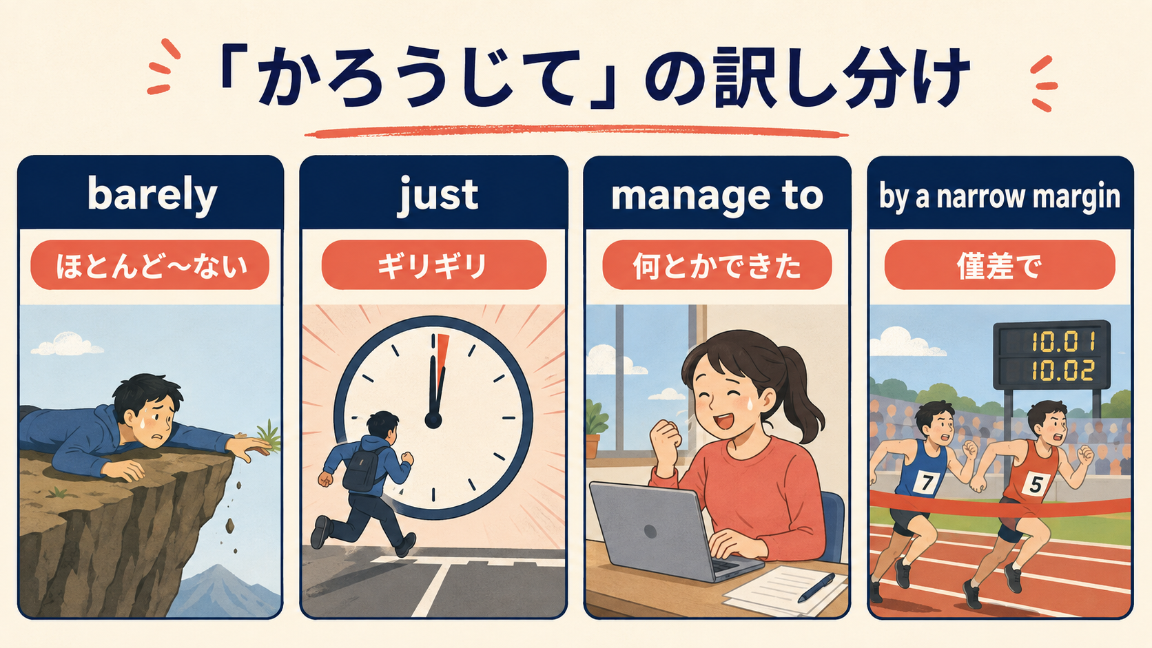 barely・just・manage to・by a narrow marginの使い分け